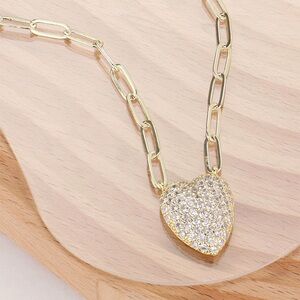 14KGP CZ Stone Pave Heart Pendant Paperclip Chain Necklace